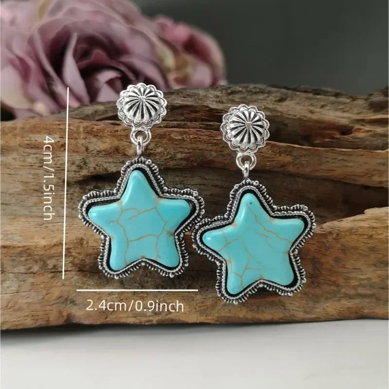 زوج من الأقراط النسائية الكبيرة المصنوعة من حجر النجمة الزرقاء العتيقة مجوهرات فضية اللون انخفاض الشحن