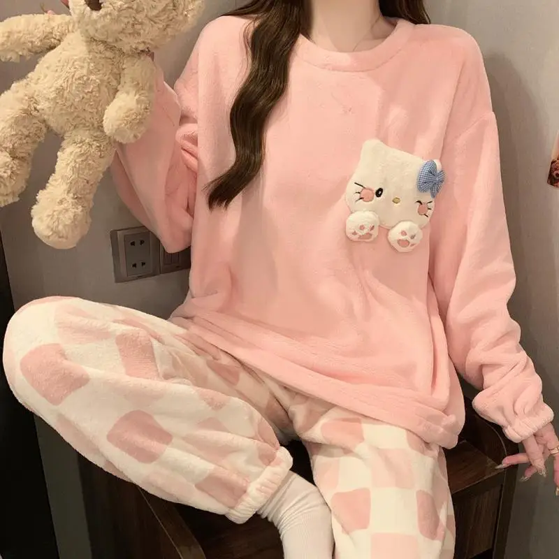 Hot Sanrio Girl Flannel Round Neck Winter Thickening Leisure Time Pajama Set Kawaii Hello Kitty Comic Keep Warm Leisure Wear Kit