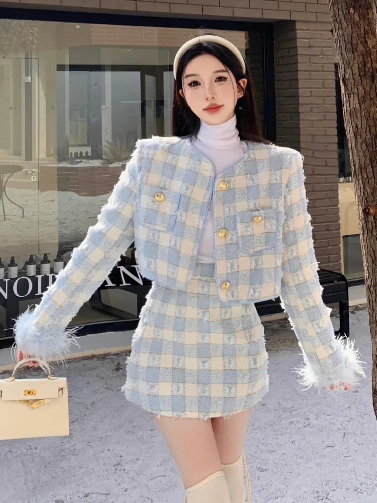 

2024 Autumn Winter Clothes Thick Tweed Two Piece Set For Women Short Jacket Coat + Skirt Suits Ladies 2 Piece Sets Women Outfit