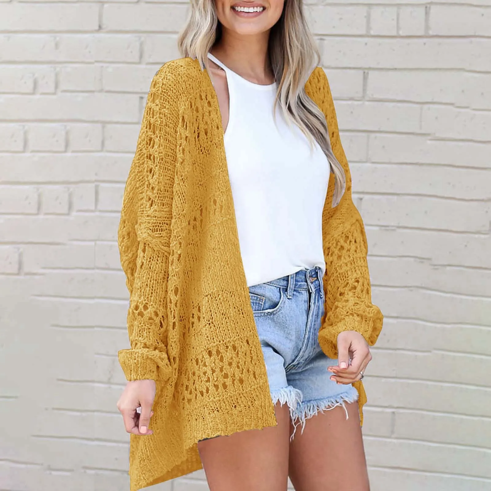 2024 Women Summer Autumn Crochet Cardigan Sweater Long Sleeve Solid Color Hollow Out  Boho Oversized Open Front Fashion Outwear