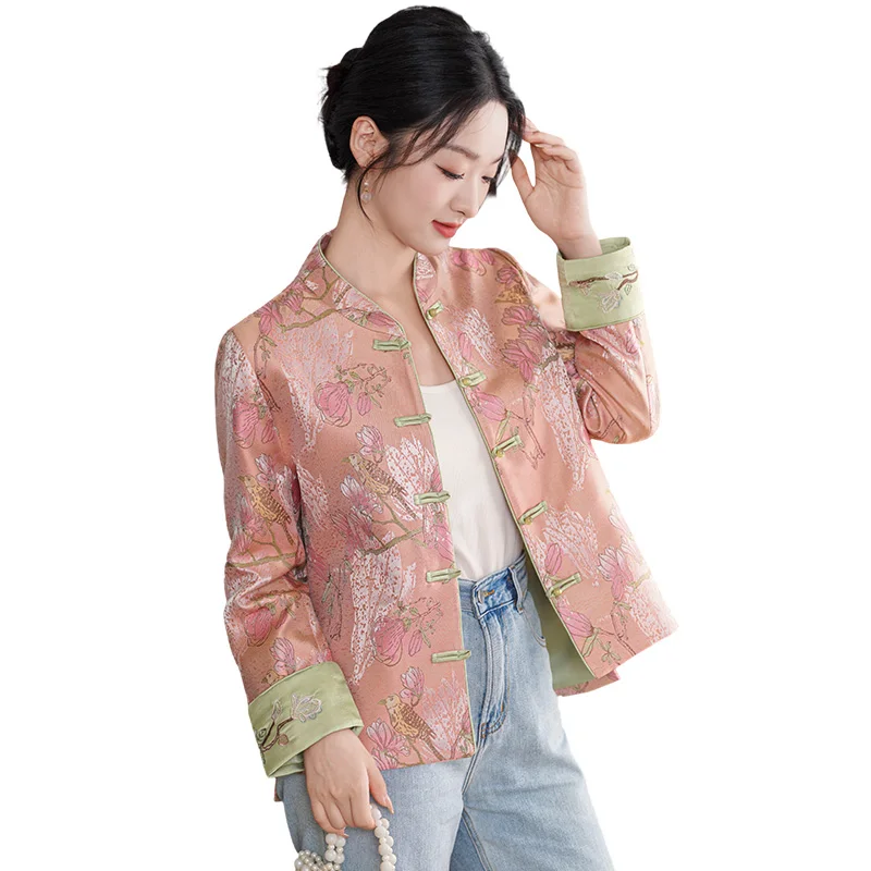 New Chinese Style Heavy Embroidery Silk Long Sleeve Tunic Top Tang Costume Hanfu Renovated Traditional Ethnic Stage Women's Wear