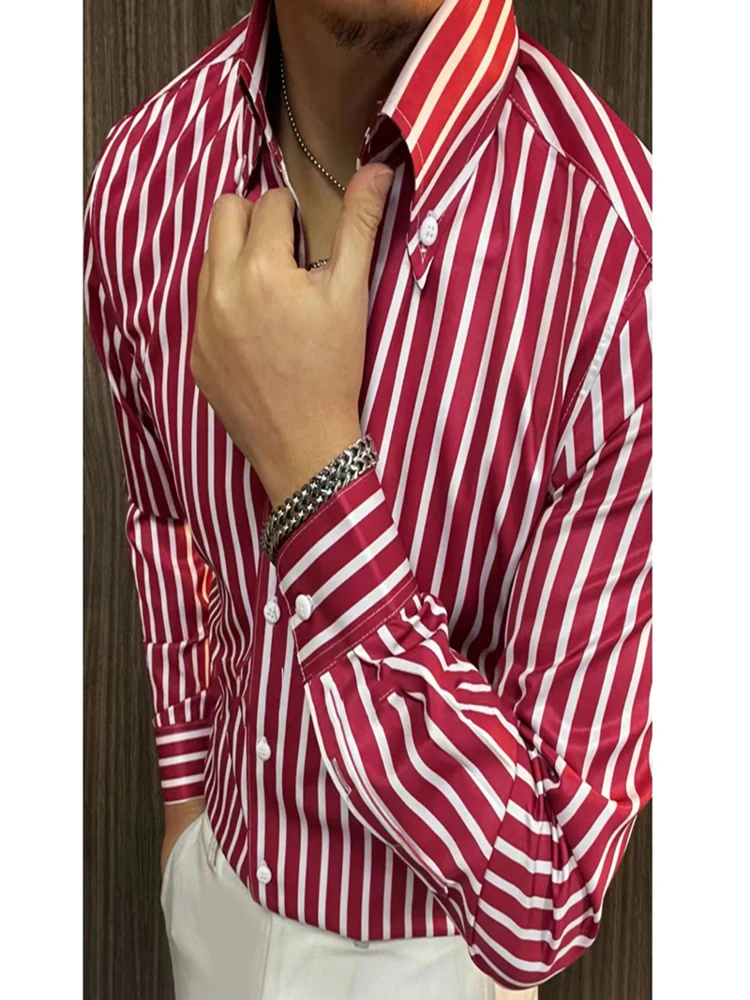 Luxury Men Striped Contrast Color Shirt Spring Long Sleeve Slim Social Party Dress Clothing Camisa Hombre