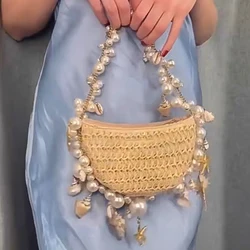 Lady Evening Bags For Women Luxury Designer Brand Handbag And Purses Pearl Conch Grass Woven Bag Beach Vacation Women's Bag Tote