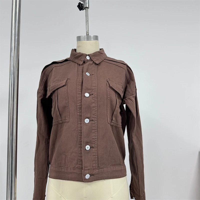 2025 الدنيم الستر المرأة ربيع الخريف قميص نمط جانكوت رداء علوي غير رسمي واحدة الصدر الأسود البني ملابس خارجية معاطف للسيدات الاتجاه