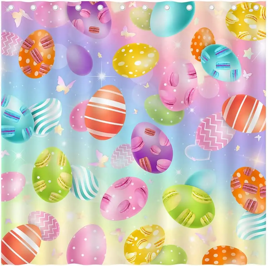 Easter Eggs Shower Curtain Spring Coloured Eggs Rabbit Butterfly Bath Curtain Polyester Fabric Home Bathroom Decor with Hooks