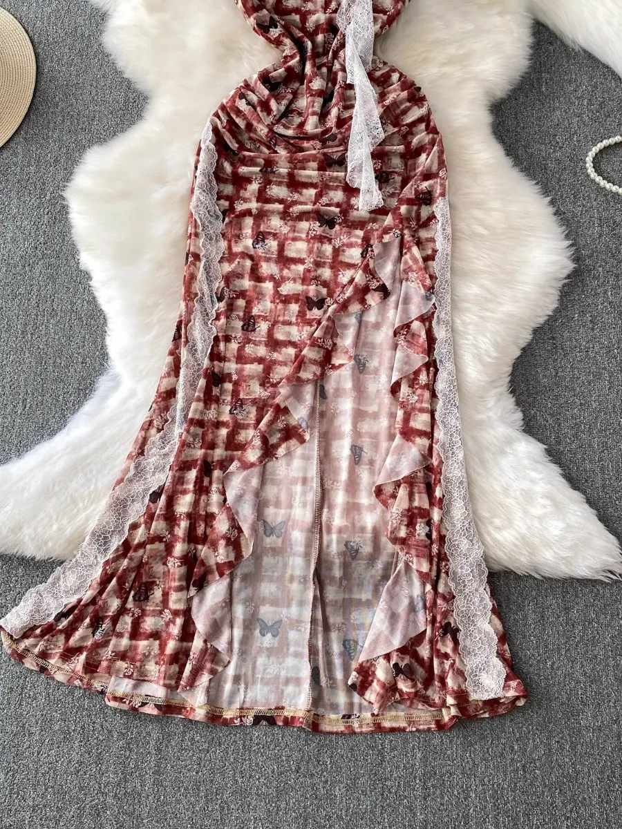 فستان Foamlina الفرنسي الجمالي منقوش عليه رسن من الدانتيل فستان نسائي صيفي بخصر محكم للتخسيس وفتحة كشكش فساتين طويلة