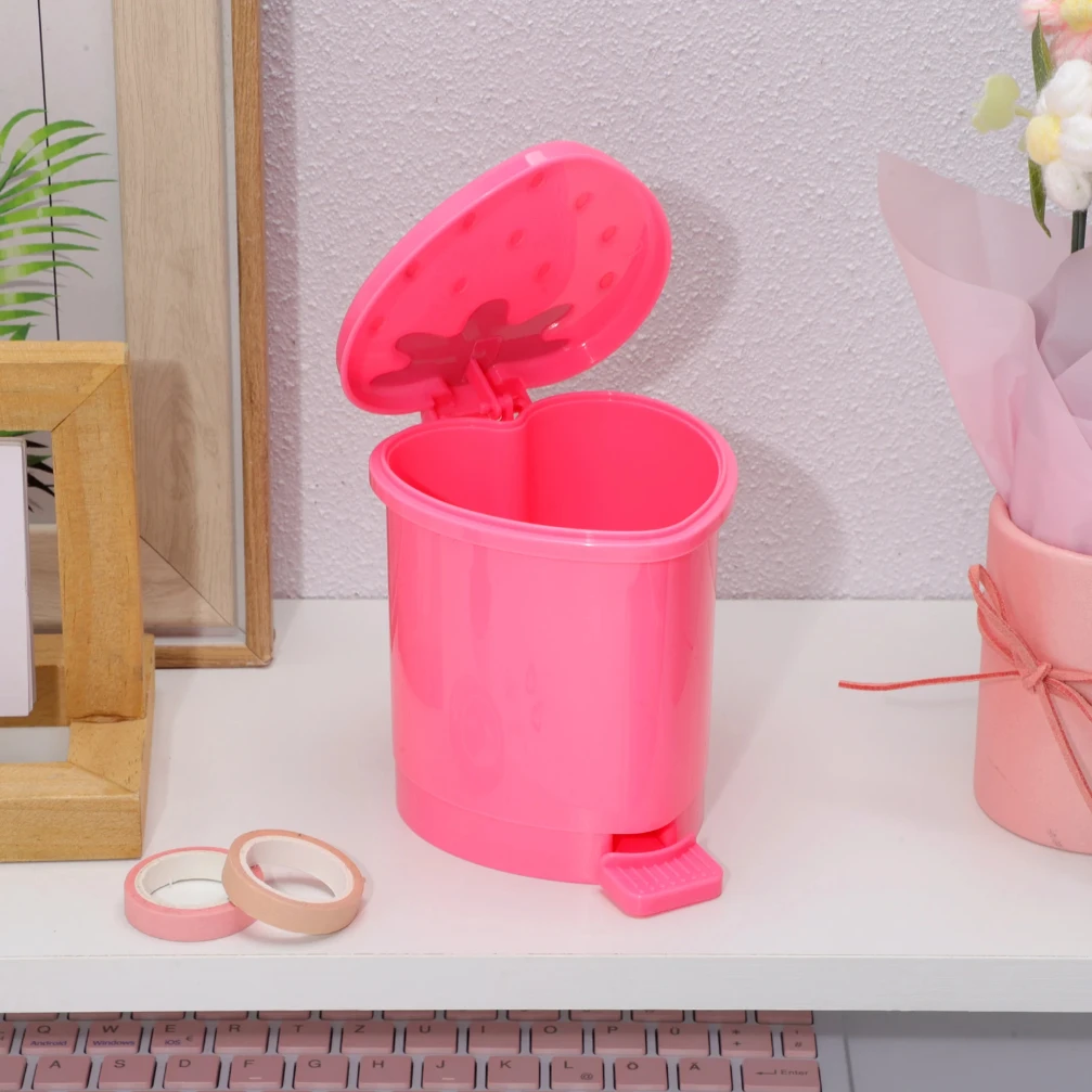 Picture 6: Mini Trash Can with Lid Plastic Trash Basket for Home Bedroom Office Desktop Garbage Storage Box Cartoon Red Pink Container