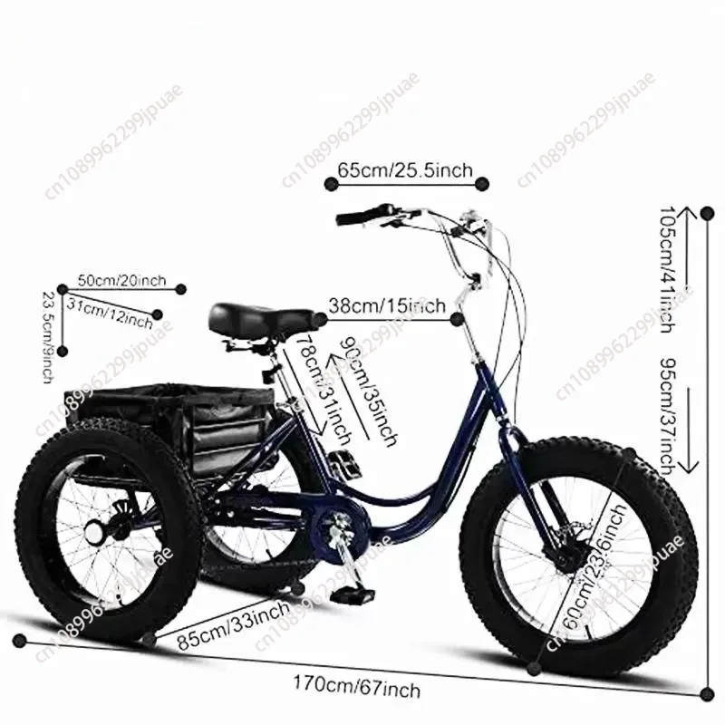 20 Inch Fat Tire 7 Speed Pedal Tricycle Adult Elderly Snow 3 Wheel Bike with Storage Cargo Basket All Terrain Bicycle