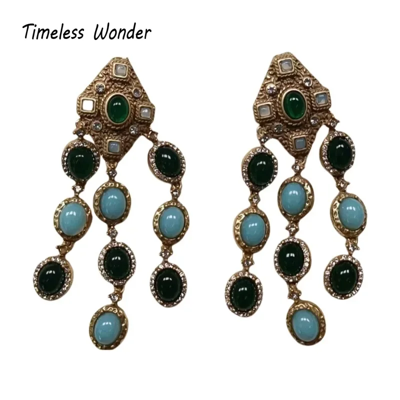 Timeless Wonder Retro Zircon Geo Glass Tassel Clip on Earrings for Women Designer Jewelry Runway Brincos Vintage Rare Top 4269