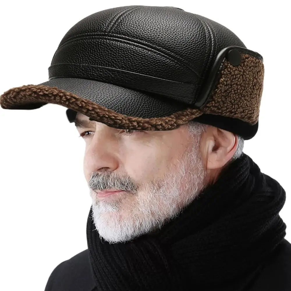 Dad Grandpa Old Man Winter PU Leather Hat Male Winter Dad Grandpa Thermal Hat Thick Warm Leather Hat Outdoor Ear Protection Cap