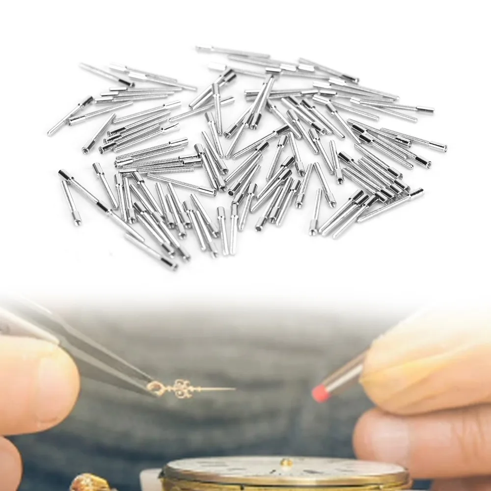 100개 풀 세트 0.9mm 직경 와인딩 스템 실버 색상 강철 재질 교체 부품 수리 도구 키트 무브먼트 교체용