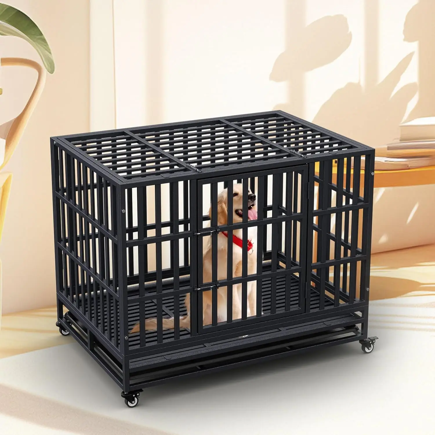 42'' Heavy Duty Dog Crate Metal Indestructible Dog Cage, Escape Proof Dog Kennel with Lockable Wheels, Removable Tray