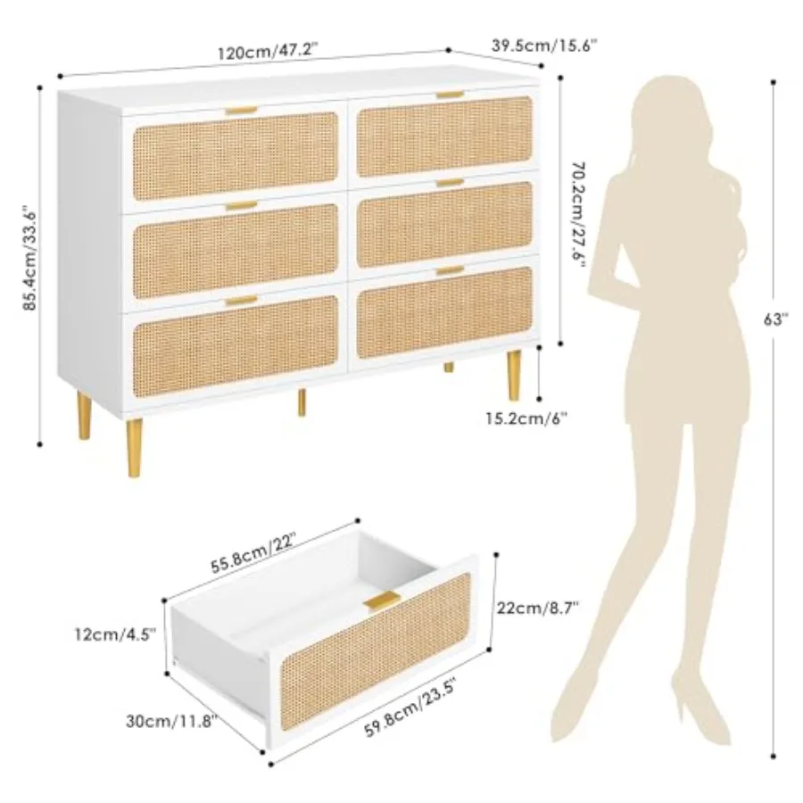 Rattan 6 Drawer Dressers for Bedroom, Deep Drawer Storage, Natural Brown, Handwoven Texture Smooth Gliding Mechanism