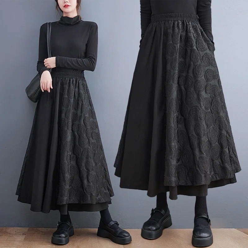 Falda negra Vintage Floral de cintura alta elástica para mujer, faldas por debajo de la rodilla informales holgadas, ropa elegante de moda para primavera y otoño 2025