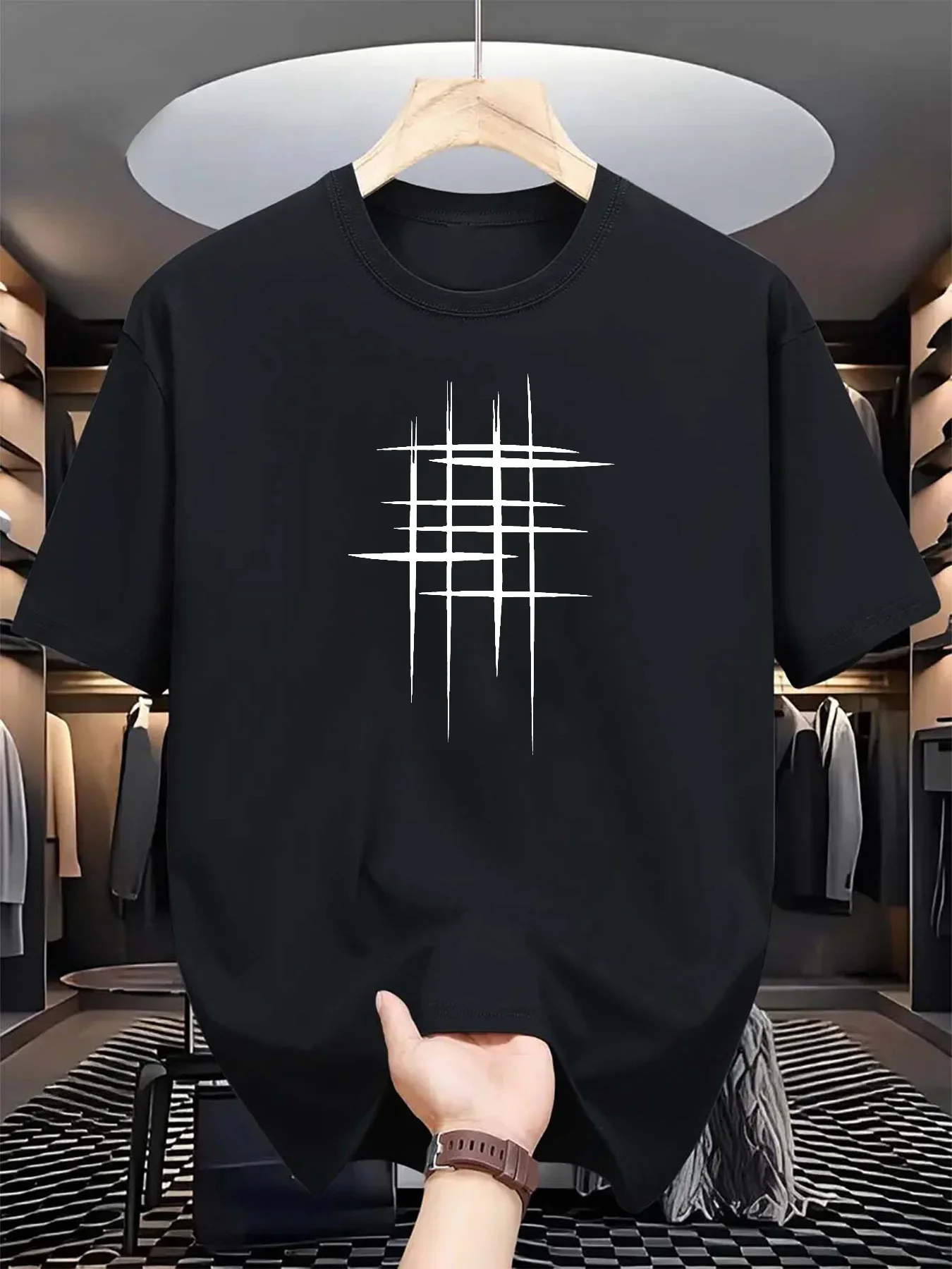 

Men's summer 100 cotton fashionable casual loose plus size graphic line printed sports round neck short sleeved T-shirt top