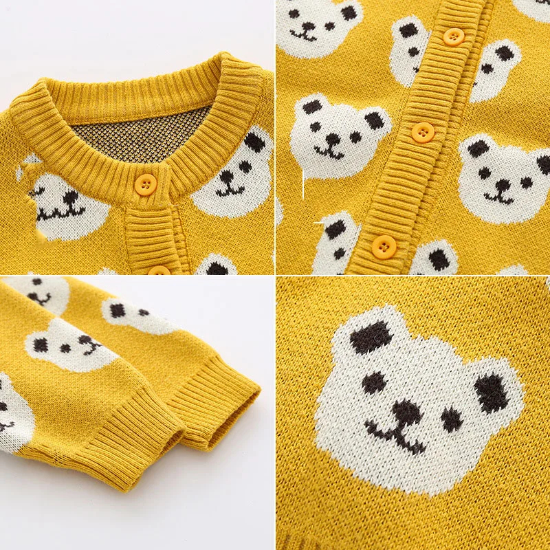 Ins Spring Autumn Children Boys 100% Cotton Sweater Single Breasted Little Boys Knitwear Cartoon Bear Print Baby Boys Coat