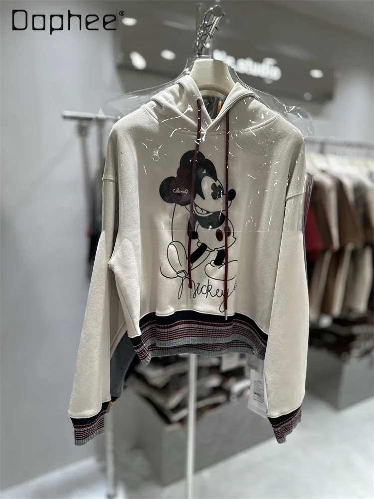 2024 Autumn Winter New Embroidery Cartoon Heavy Industry Long Sleeve Striped Hooded Loose Short Sweatshirts Jacket Women