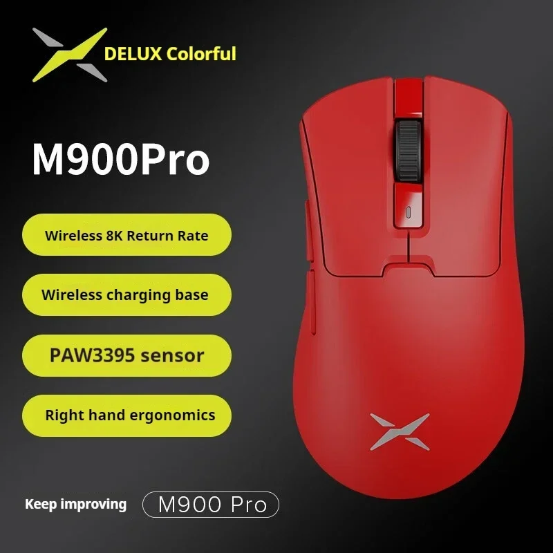 Imagem -06 - Delux M900 Pro 8k Mouse sem Fio Paw3395 Sensor Gamer Mouse Leve Ergonomia Mouses Longa Resistência Modo Duplo pc Jogos