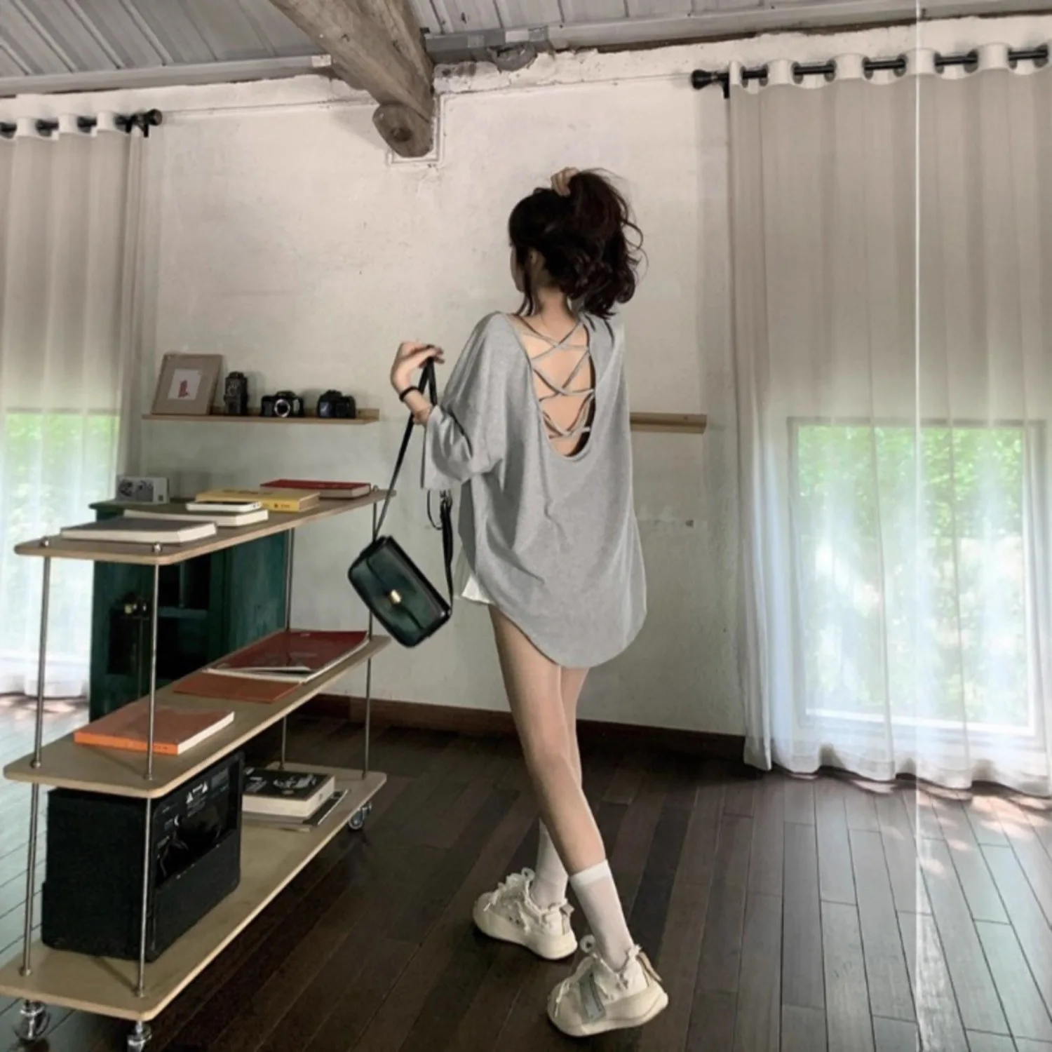 Summer large-size women's clothing new solid color casual loose irregular sexy halter round neck short-sleeved T-shirt