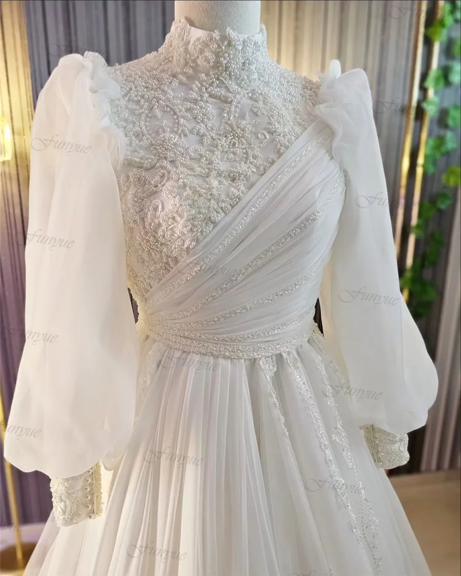 Funyue-Vestidos De Novia musulmanes De cuello alto, Vestidos De Novia 2024, corte en A, encaje De Organza con cuentas, mangas abullonadas, Vestidos De Novia