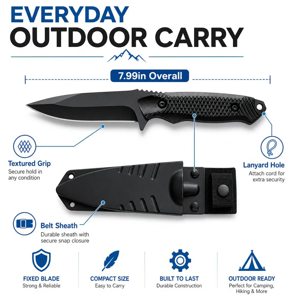 Full-Tang Knife with Textured Grip & Heavy-Duty Sheath - 7
