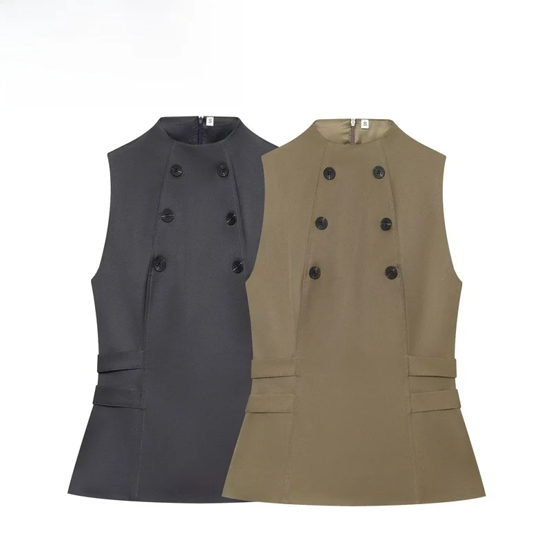 Fashionable Button-Up Half-High Collar Vest Women's Slim Fit Polyester Fiber Outerwear Regular Length Casual Style