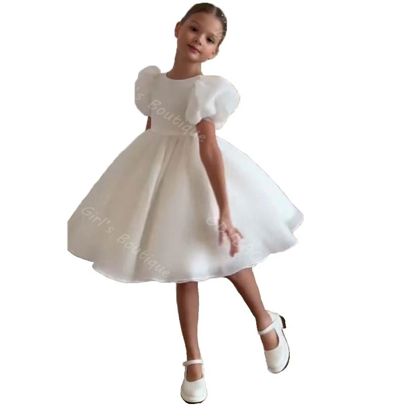 カスタマイズされたフラワーガールドレス幼児ラウンドネックパフスリーブ初聖体ドレス膝丈ウェディングパーティーボールガウンカスタム