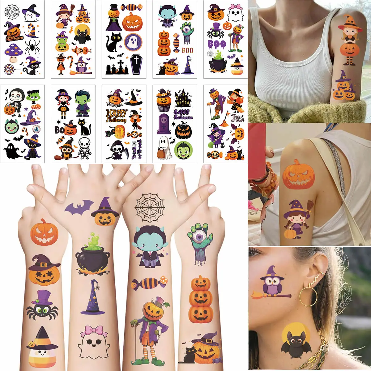 10PCS/pack Halloween Tattoo Stickers Horror Lips Bat Pumpkin Candy Funny Tattoos Temporary Sticker Waterproof Gift Toy