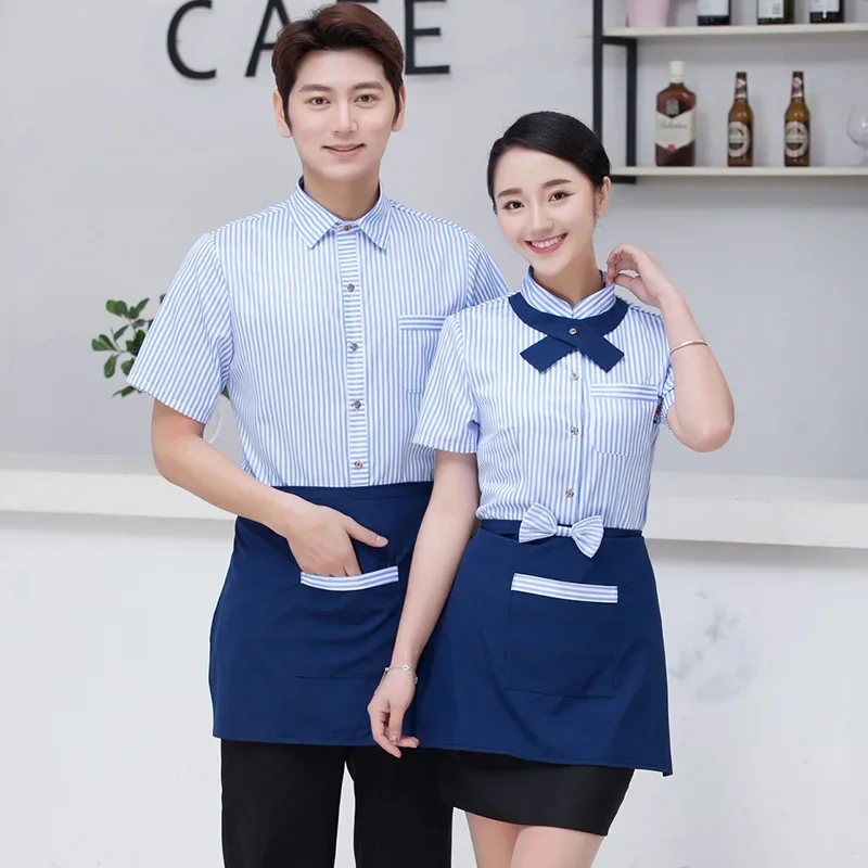 2024 الصيف فندق قصيرة الأكمام نادلة موحدة تقديم الطعام مطعم ملابس العمل هوتبوت النادل عمال كعكة متجر موحدة قميص