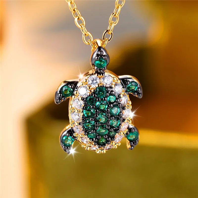 Cute Female Green Turtle Animal Pendant Necklace Vintage Yellow Gold Color Wedding Jewelry Gift For Women