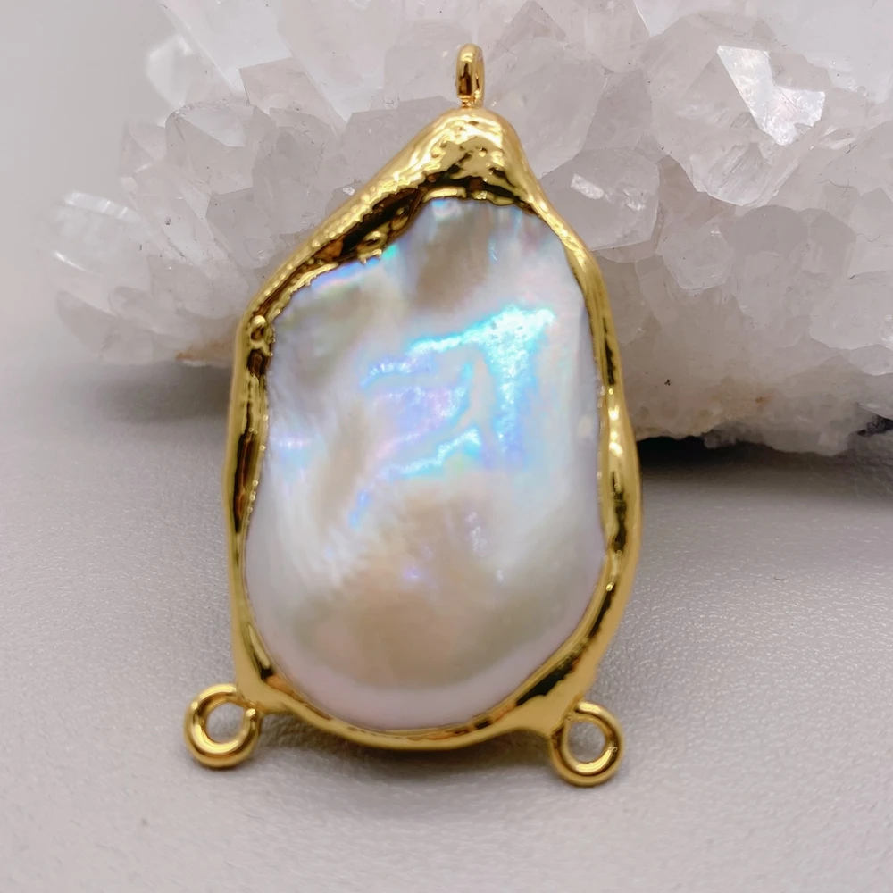 3 PCS natural 21x35mm Cultured White reborn keshi Pearl gold color edging  Pendant Three Rings Metal Bezel connector Pendant