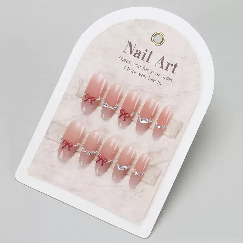 

10pcs Pink Cute Press On Falsenails Almond Art Red 3d Bowknot Fake Nails With Pearl Rhinestones Full Coverpress On Nail Tips