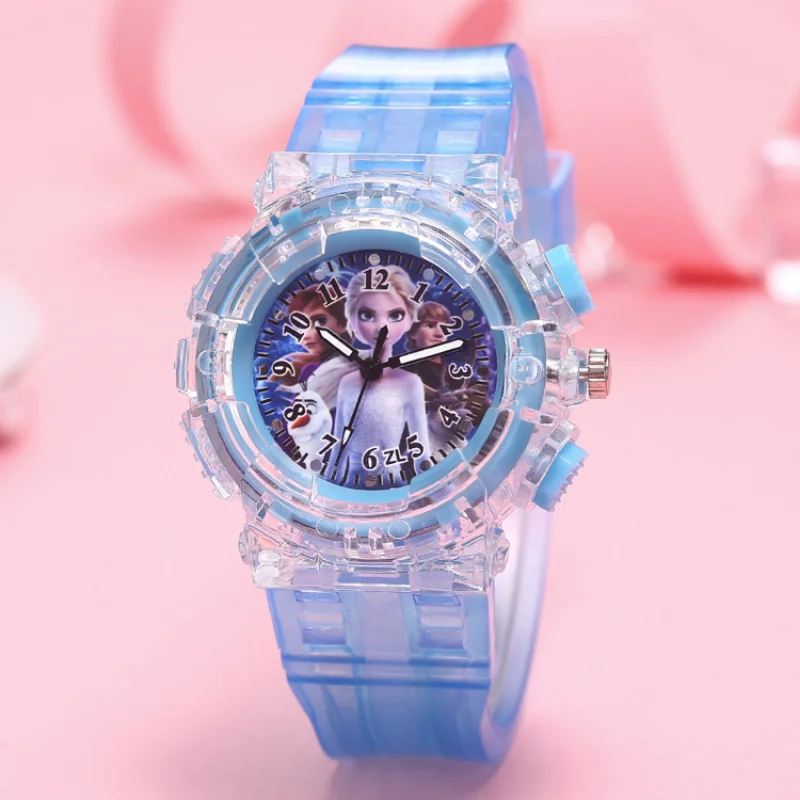 Disney Frozen Luminous Watch Cartoon Figure Toys Princess Elsa Anna Children\'s LED Watch Student Silicone Lights Watch Girl Gift