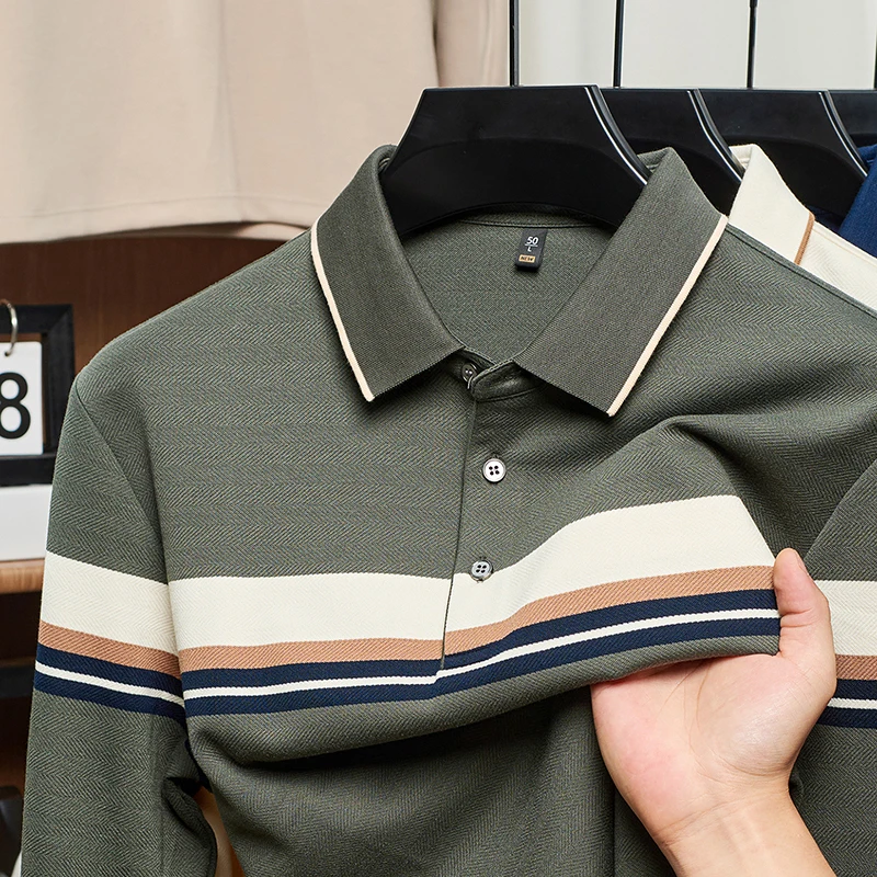 

Autumn Thickened Men's Long Sleeve Polo Shirt Lapel Stripe Panel Business Casual T-shirt Warm Breathable Classic Style Menswear