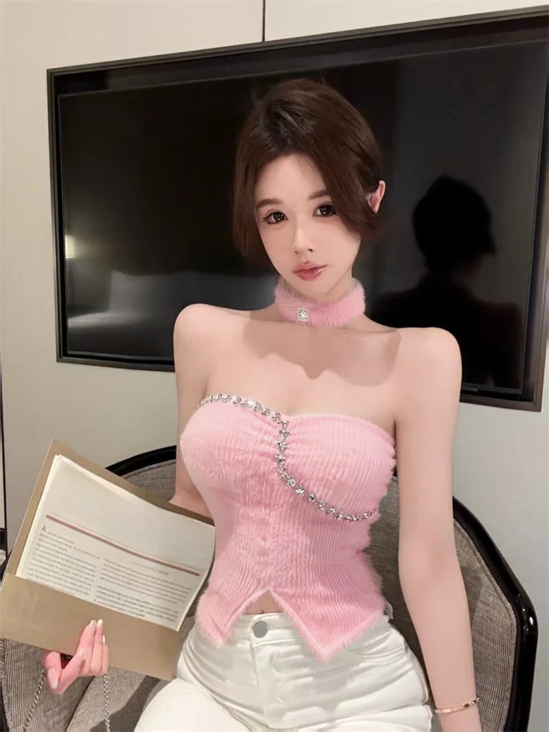 Fashionable One-Shoulder Sexy Camisole Pure Desire Atmosphere Mink Heavy-Lace Diamond Strapless Vest Inner Wear Short Style