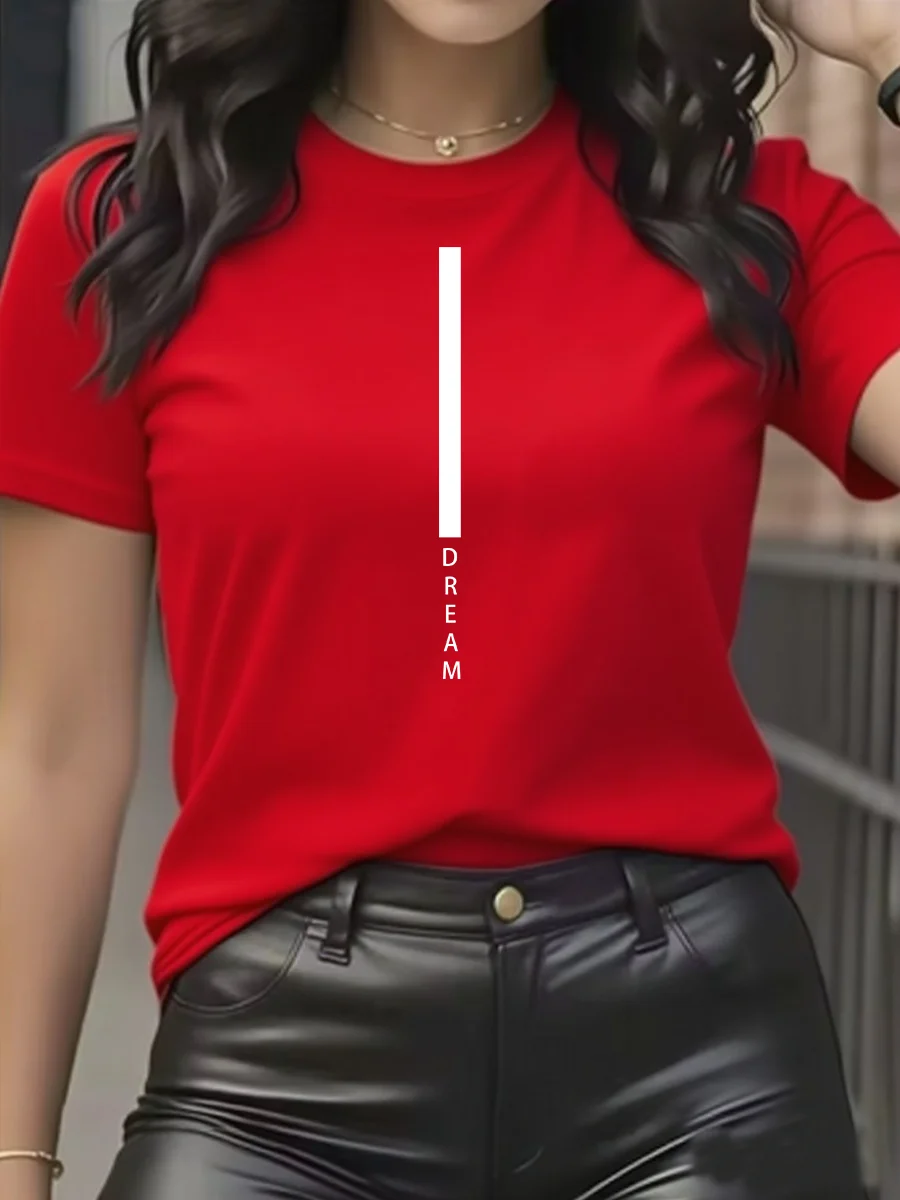 تي شيرت نسائي صيفي فضفاض مريح غير رسمي مطبوع عليه حروف حلمية عصرية برقبة دائرية تي شيرت نسائي