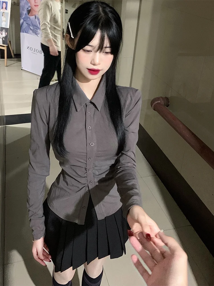 

Slim Fit Long Sleeve JK Shirt Women's Spring Autumn Pure Desire Spicy Girl High Waist Top Layered Wear Base Shirt Winter