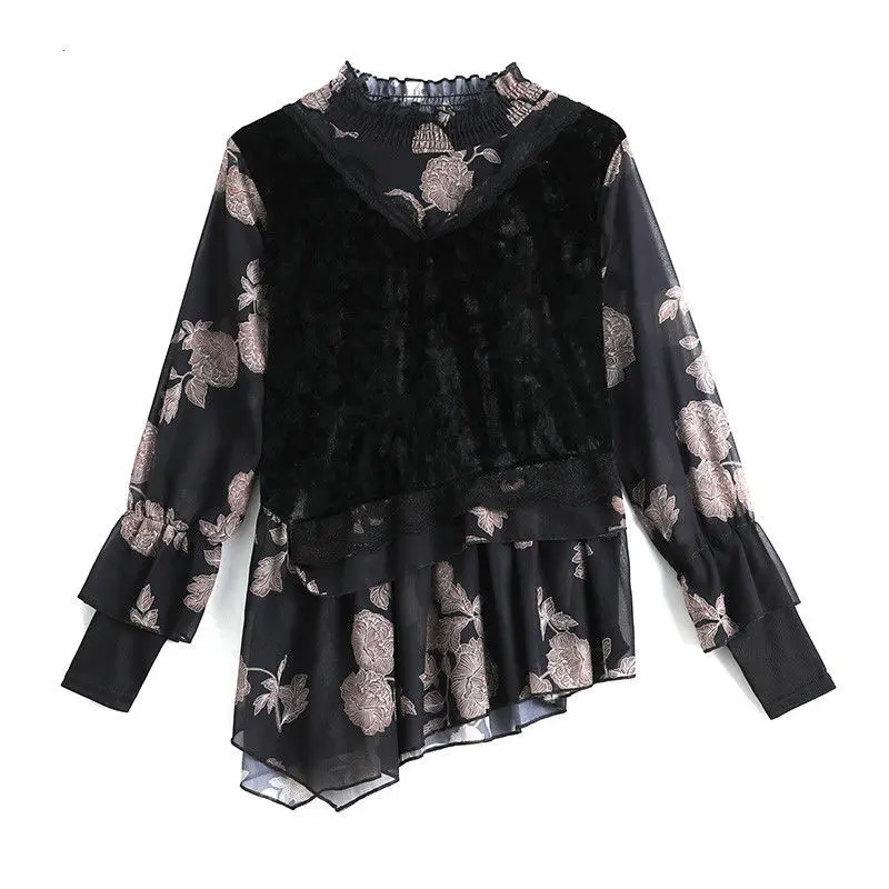 Spring Autumn Office Lady Chiffon Shirt Lace Patchwork Asymmetrical Elegant Blouse Women Fashion Printed Ruffle Long Sleeve Top