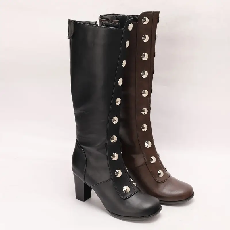 REAVE CAT Female Knee High Boots Round Toe Block Heels Zipper Large Size 44 45 46 Sexy Dating Banquet Tall Bota for Women Black view 2
