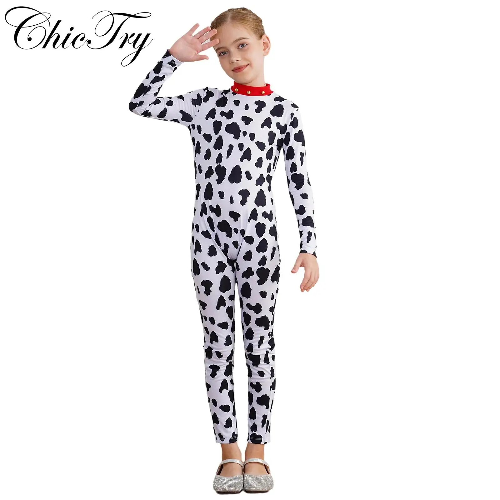 

Kids Halloween Dalmatian Cosplay Costume Spotted Dog Roleplay Party Jumpsuit Outfit Carnival Bodysuit Leotard with Tail Dress Up