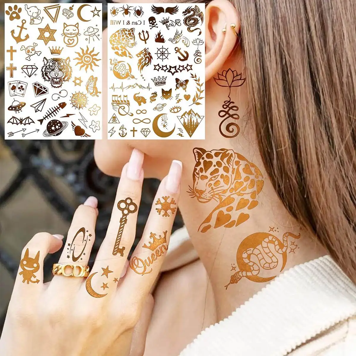 9 grandi fogli Flash tatuaggi temporanei per le donne adulti collo tatuaggio adesivo falso animale dorato boemia luna tatuaggi Glitter Decor