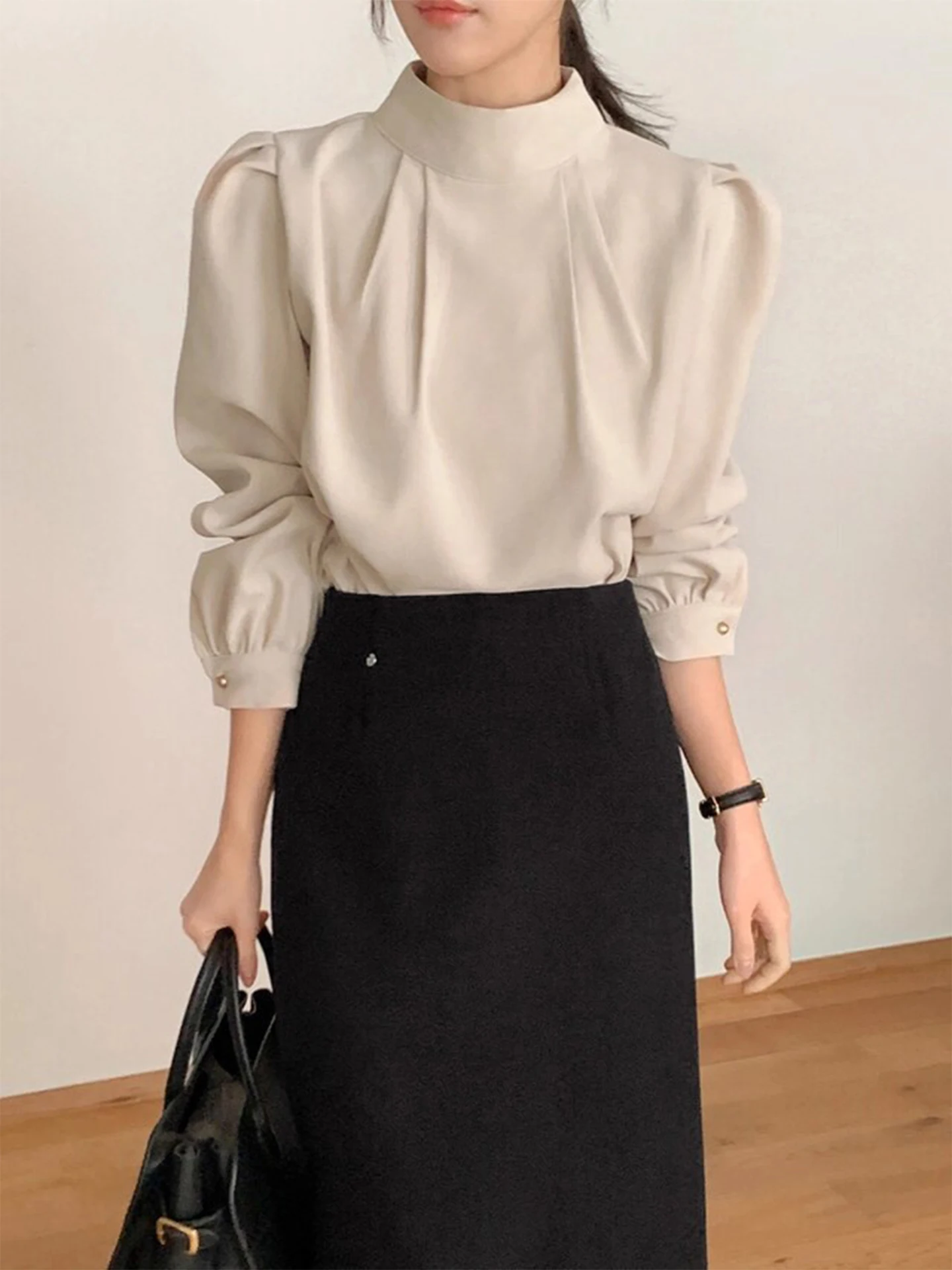 

Ele Pure Color Pleated Loose Long Sve Stand Collar irt Women's Winter New Sle Versatile Base Layer Blouse