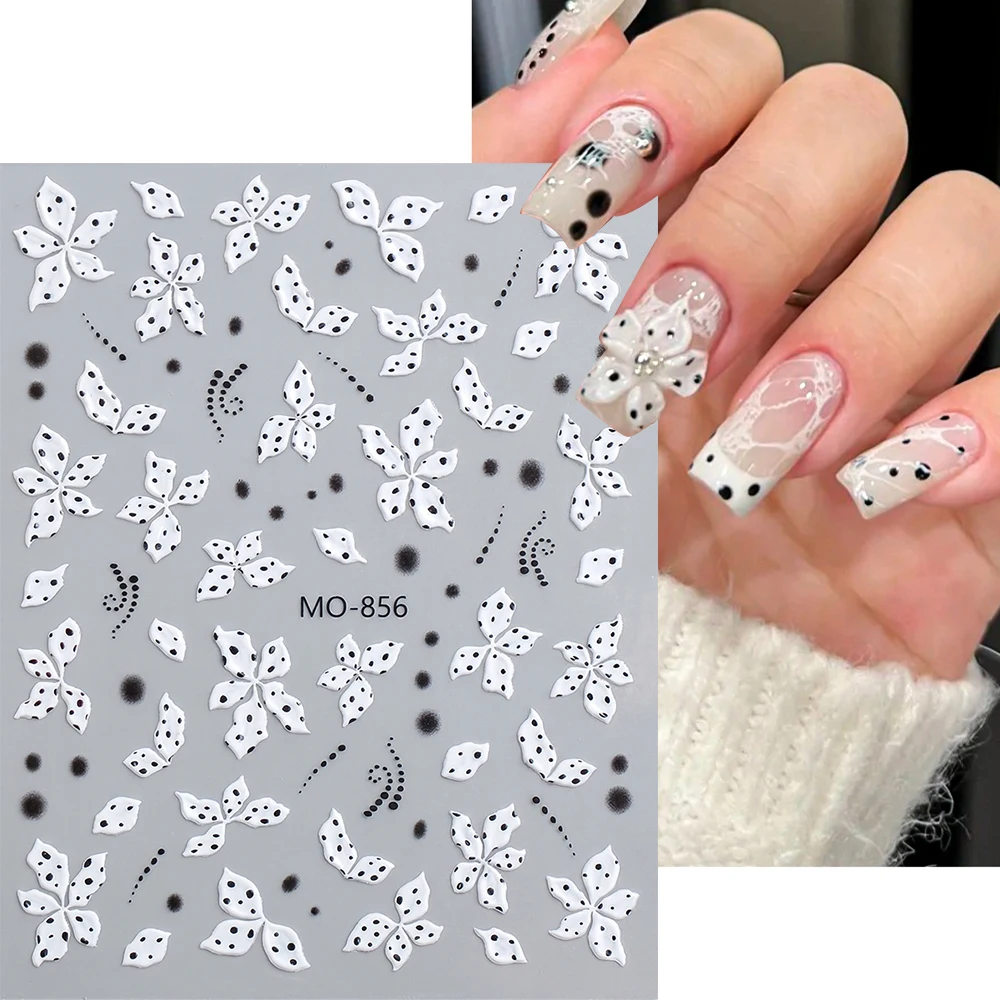 1 autocollant vintage de luxe à pois 3D pour nail art, micro-gaufré, motif nœud papillon et fleurs d'hibiscus, décalcomanies pour ongles, décorations DIY pour manucure