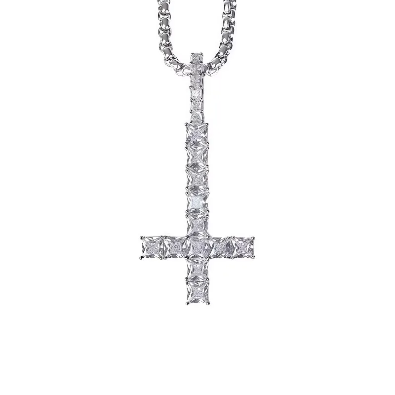 Iced Out Inverted Cross Pendant Necklace Pearl Beaded Chain Rope Chain Cut Rhinestone Reverse Cross Charm Hip Hop Gothic Jewelry