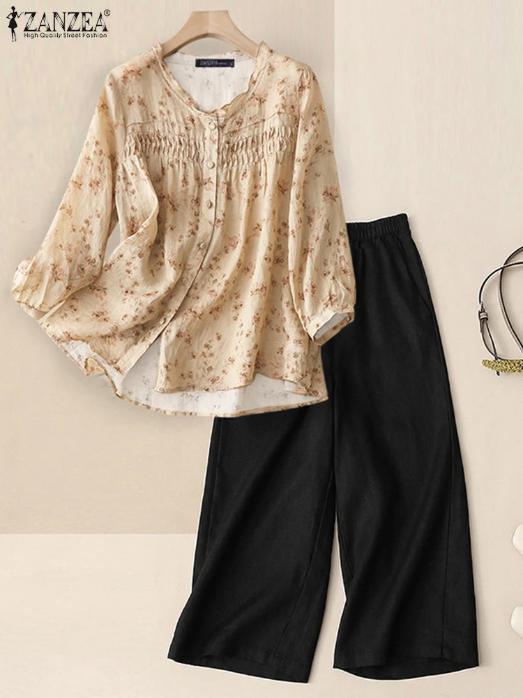ZANZEA-Conjuntos de pantalones de moda informales para mujer, camisas con estampado Floral de manga 3/4 y pantalones largos con cintura elástica, trajes de 2 piezas, otoño 2025