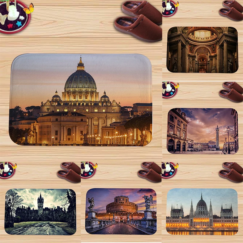 Architectural Scenery Flannel Doormats, Famous Building Prints like St. Peter's Basilica, Exquisite Travel Art, Soft Floor Mats