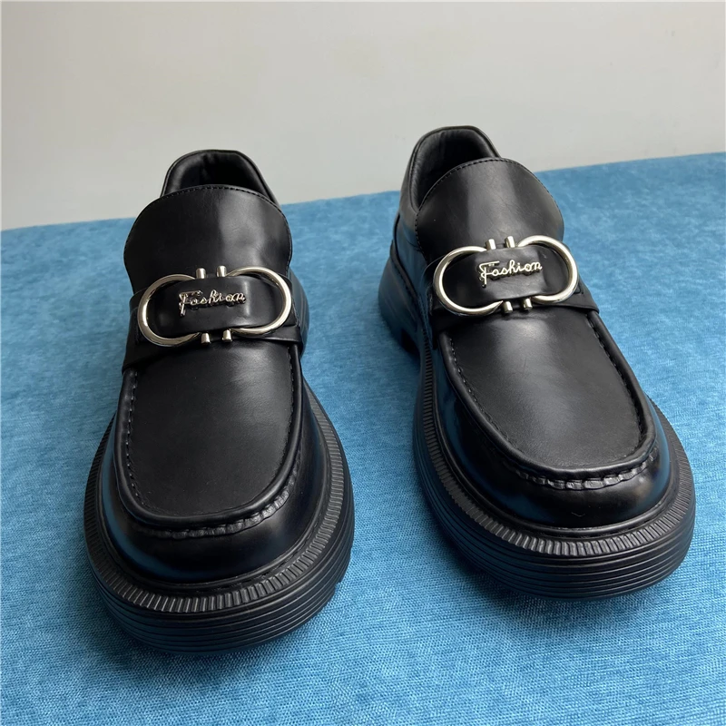 

2023 New Craftsman Men Shoes Metal Buckle One Pedal and Feet Without Grinding Increase Thick-soled Leather Casual Shoes