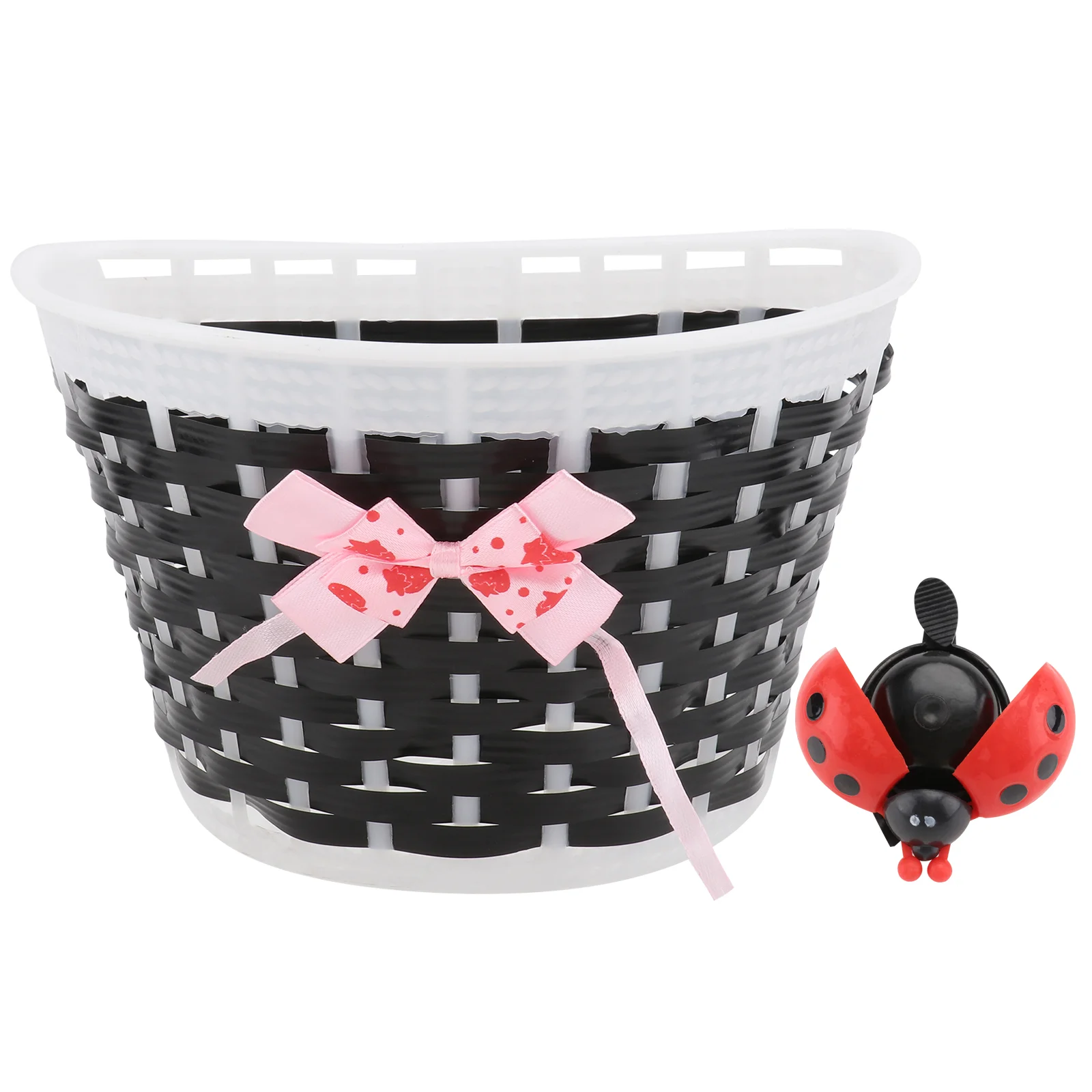 

Scooter Basket Children Bike Basket Plastic Knitted Bow Knot Front Handmade Bag(Small,Black Basket, Color Randomization Car Bell