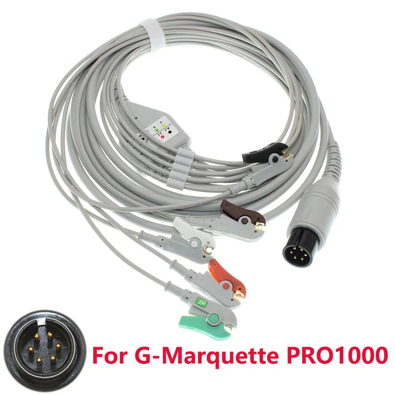 ECG EKG 3/5 Lead one-piece Cable and Electrode Leadwire for G-Marquette PRO1000 Patient monitor, Snap/Clip/VET Alligator clip.