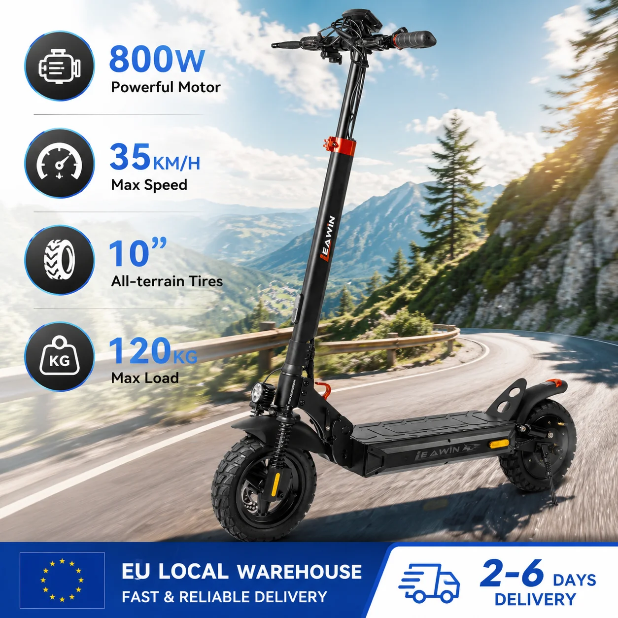 Trottinette Électrique 800W Pliable 10 Pouces Tout-Terrain, 25-35km/h, Batterie 48V, Suspension Double, Écran LED, Charge 120kg
